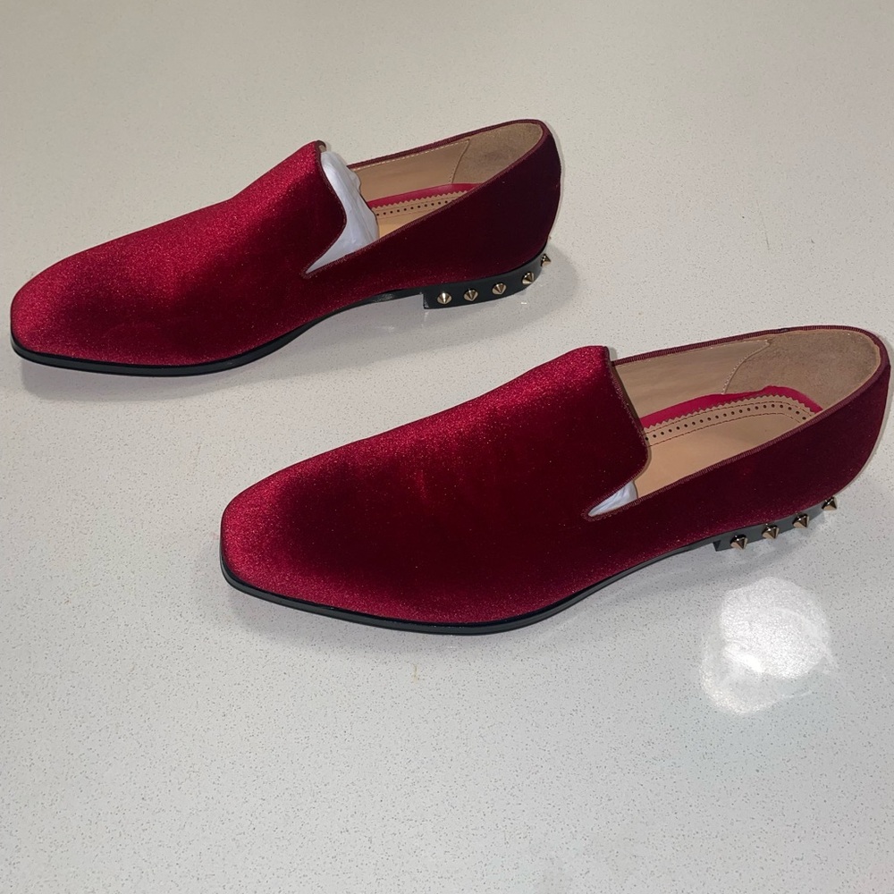 Mens Red Velvet Red Bottom Slippers With Gold Spike Heels
